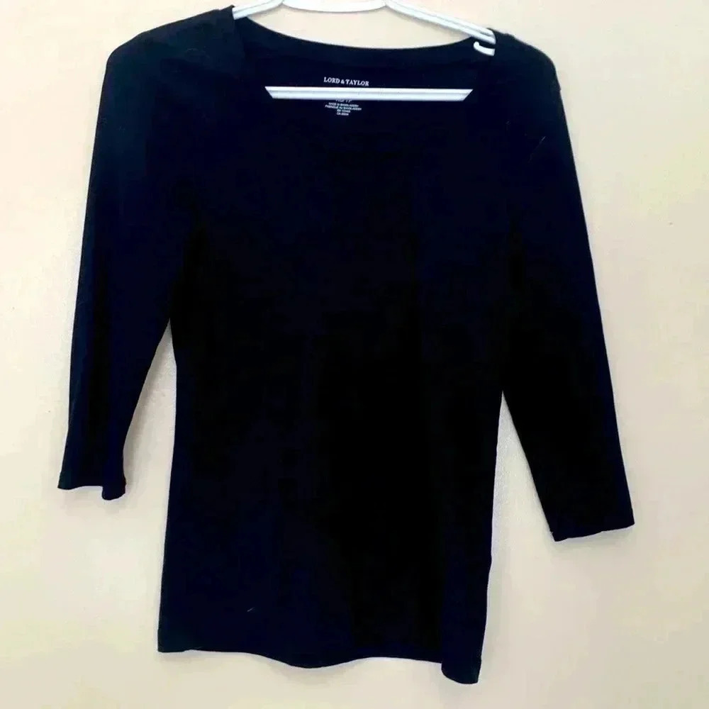 Lord & Taylor 95% cotton/5%, spandex, 3/4 sleeve, fitted black, long T-shirt